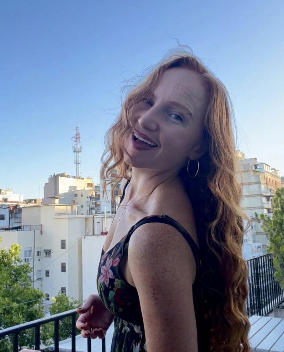 Zoë Atlas smiling on a balcony with city rooftops behind her